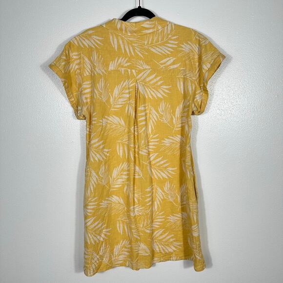 Faherty Dress Hana Linen Palm Sun Sundress Short Sleeve Collared Yellow White M - Picture 3 of 10